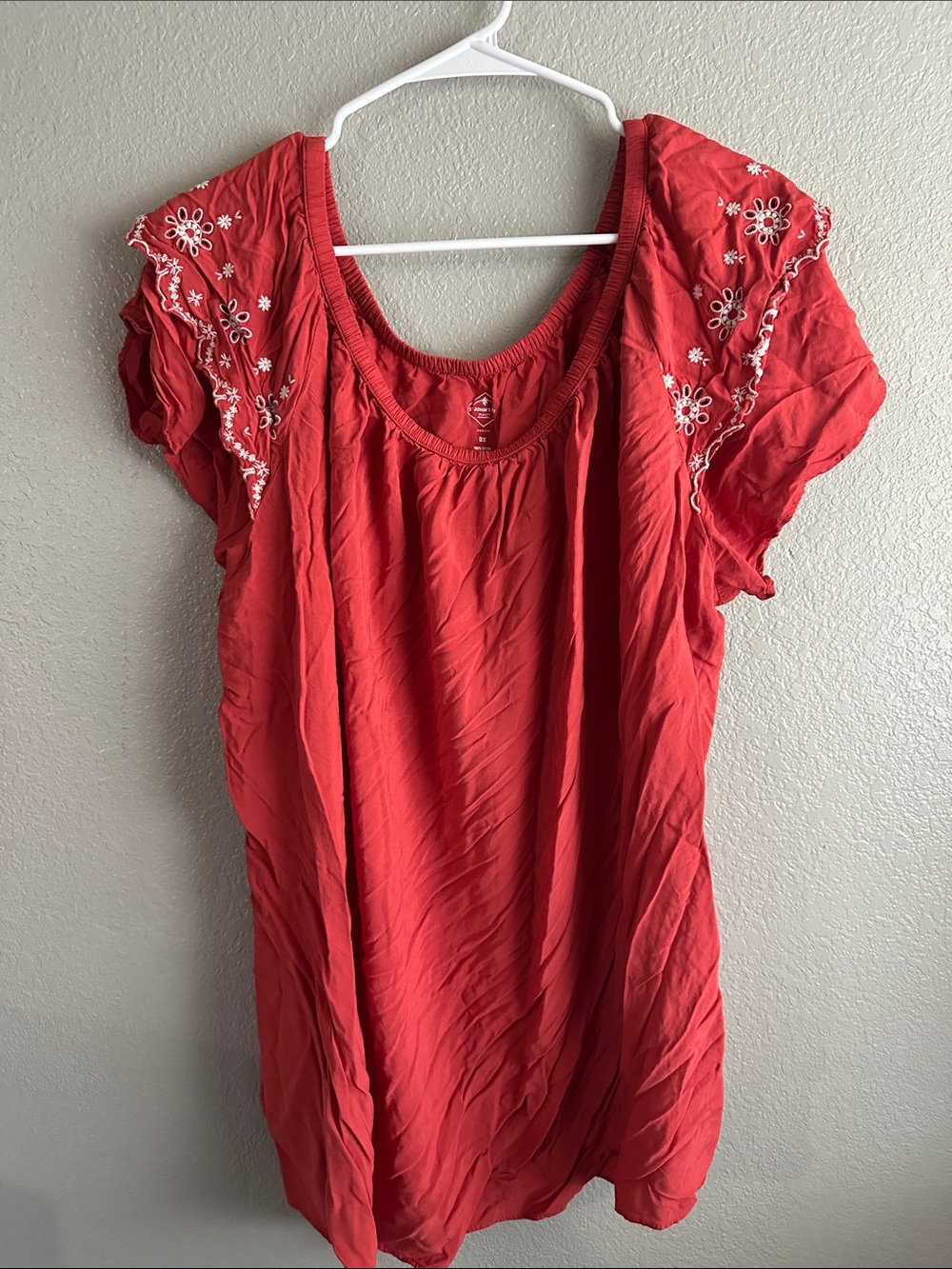 St. John's Bay Red Embroidered Flutter-Sleeve Blouse